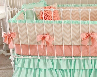 Mint Peach Baby Bedding. Girl Crib Bedding, Baby Girl Bedding, coral and mint nursery, Mint Sorbet Chevron nursery decor by lottiedababy
