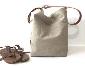 Large Natural Linen Hobo Bag - Bucket Bag