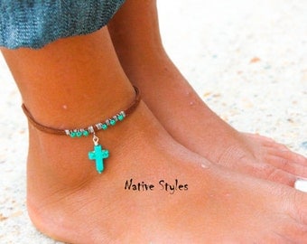 Tribal Ankle Bracelet~Turquoise Cross Native Made Anklet~Bohemian Anklet Turquoise~Native American Anklet~Boho Ankle Bracelet~Southwest Blue