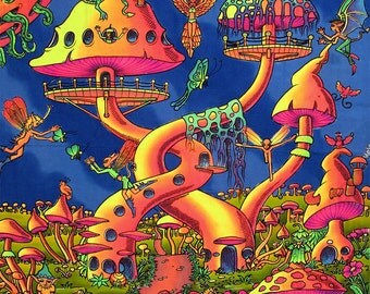 Psychedelic batik wall-hanging Tapestry, 'Pixie Party'. Hand-painted, silkscreen, UV active, trippy, shrooms, art decor