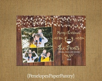 Rustic Christmas Family Photo Card,Antlers,Fairy Lights,Heart, Barn Wood,Up to 4 Photos,Opt Back Print,Personalize,Printed Cards,Envelopes