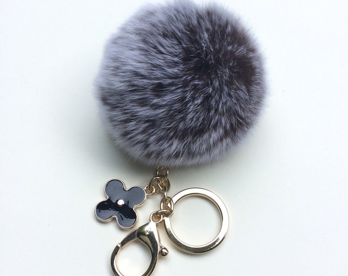 Brown frost fur pom pom keychain REX Rabbit fur pom pom ball with flower bag charm