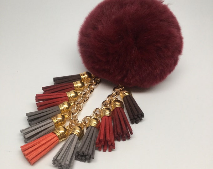 Semi-Annual Sale Fur Pom Pom "Burgundy Fringe" fluffyball pompon bag charm tassel keychain with tassel elements charms