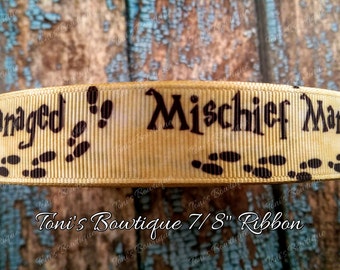 Mischief managed 7/8" Grosgrain Ribbon, Harry Potter Inspired ribbon, craft supply, scrapbook supply, hair bow supply, dog collar supply