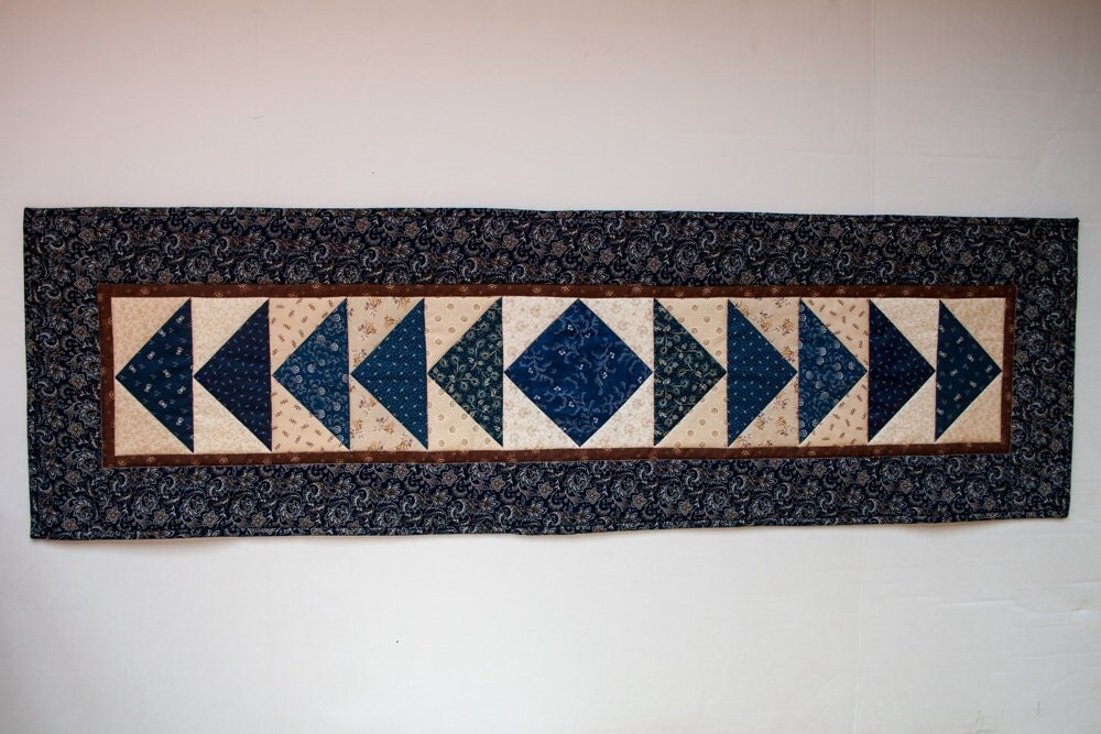 Quilted Table Runner Flying Geese Navy Blue Tan