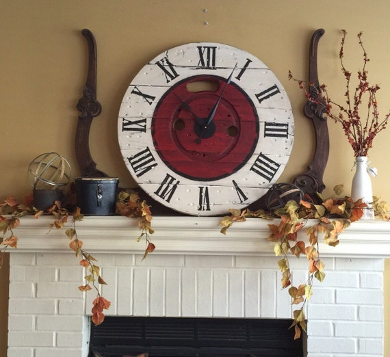 Extra large rustic white black red wall clock