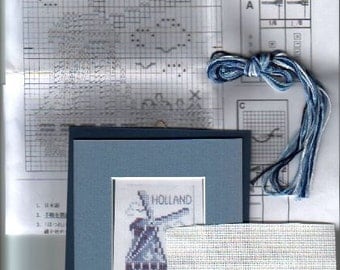 Holland Windmill Tulip Cross Stitch Kit in Delft Blue with pre-cut mat and framing board