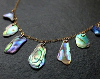 Abalone necklace, freeform paua shell, iridescent green, blue, natural, 14K gold filled, sterling silver, wedding, bridesmaid, gift