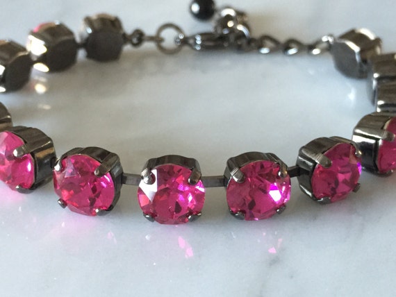 Swarovski Fuchsia Crystal Bracelet, Pink Crystal Bracelet, Swarovski Pink Tennis Bracelet, Gunmetal Crystal Bracelet