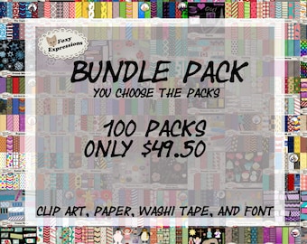 Huge Bundle Pack at a great price! You choose any 100 packs you like from my shop. Any paper, clip art, washi tape, or font. Great deal!