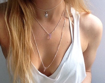 Lucinda. Crystal choker. Crystal necklace. Dainty crystal chip silver choker necklace.Amethyst rose quartz lapis by Serenity Project