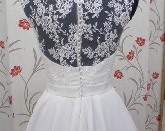 Vintage Inspired Tea Length Wedding Dress with Lace Corset, Illusion Lace Neckline, Close Lace Back, Sweetheart, Chiffon Skirt
