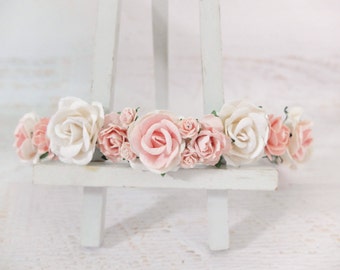 Flower crown - white and pink headpiece - white blush flower wedding hair accessories - floral hair wreaths for girls - garland