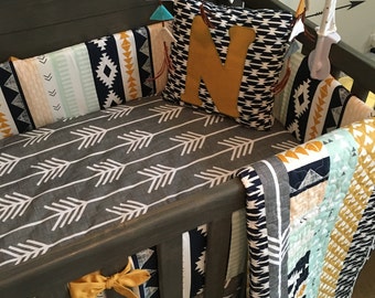 The Noah Collection | Rustic Crib Bedding | Baby Bedding Boy | Southwestern Navajo Nursery Decor | Arrows Teepees | Mint Navy Grey Gray Gold