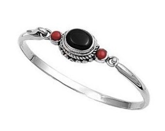 925 Sterling Silver Black Onyx and Carnelian Bangle Bracelet with Hook Clasp