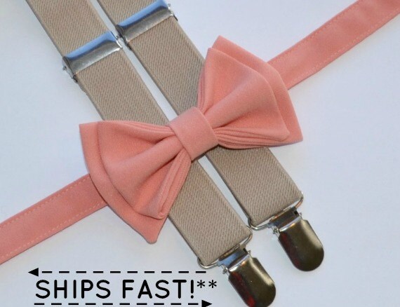 Peach Coral Bow Tie & Beige Suspenders Groomsmen Bow Tie