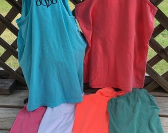 Comfort Colors Women's Racerback razor back style tank top cotton monogrammed on back between shoulder blades southern grace embroidery
