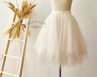 Champagne Ruffle UnevenTulle Skirt/Short Women Tulle Skirt/TUTU Tulle Skirt/Wedding Bridal Bridesmaid Skirt/Knee Length Skirt