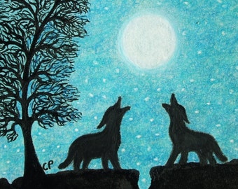 Wolf Card, Silhouette Card, Wolf Moon Tree Card, Wolf Birthday Card, Turquoise Animal Card, Wolf Silhouette Card, Two Wolves Tree Moon Stars