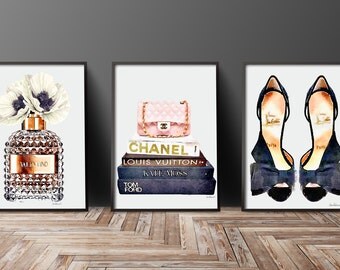 Fashion illustration Set of 3 fashion posters perfume, books, shoes, bag, Watercolor, poppy, Gold, watercolour decor, make up room, bedroom