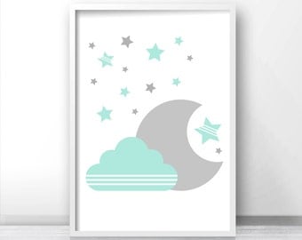 Mint Green Gray Nursery Wall Art, Moon And Stars Nursery Print, Baby Wall Art, Printable Nursery Art, Cloud Nursery Decor, Baby Art Print
