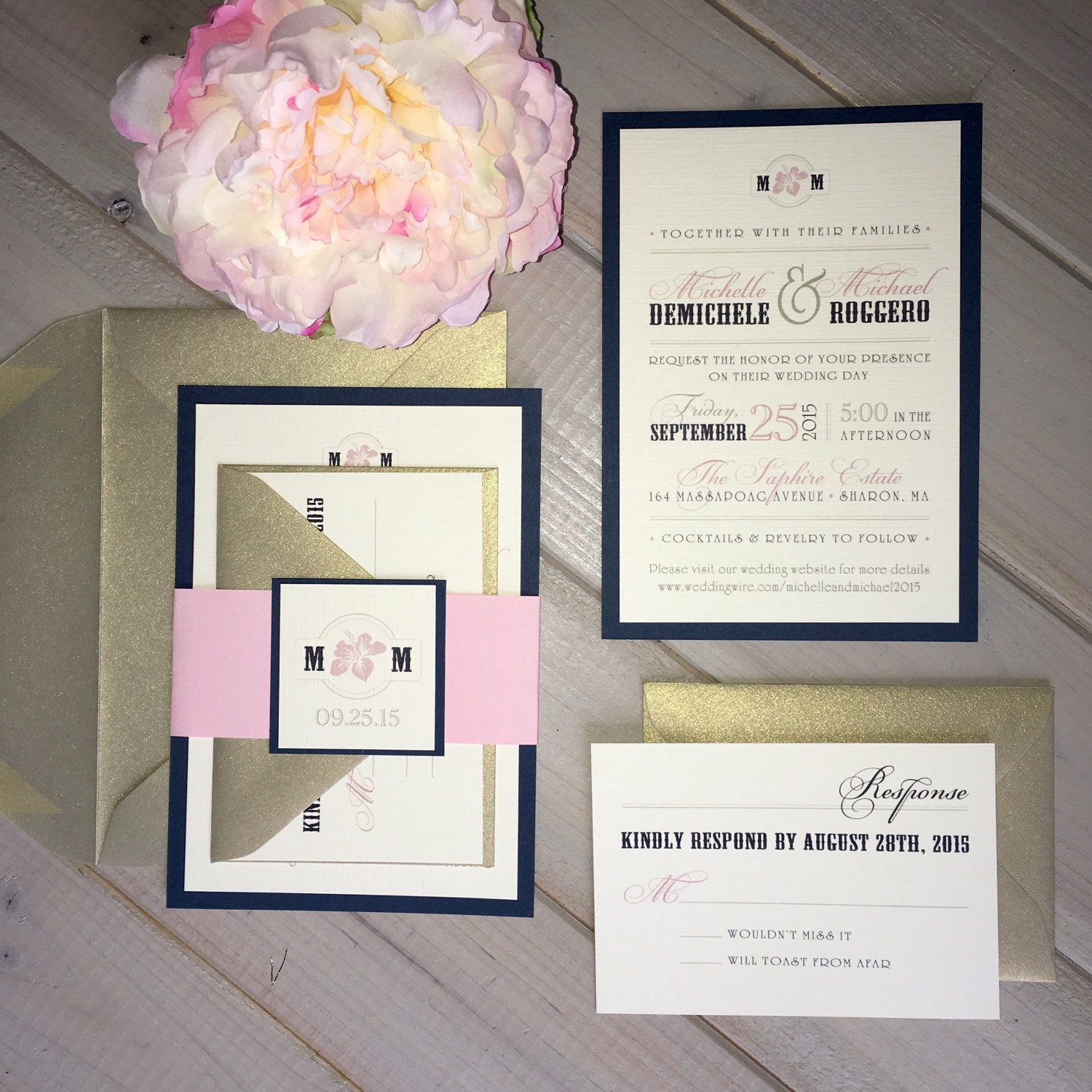Navy and Blush Wedding Invitations Pink and Light Gold
