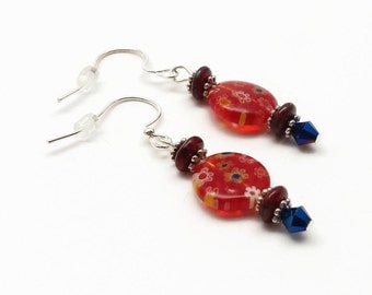 Millefiori Earrings, Glass Earrings, Red Earrings, Flower Earrings, Dangle Earrings, Flower Jewelry, Gift for Her