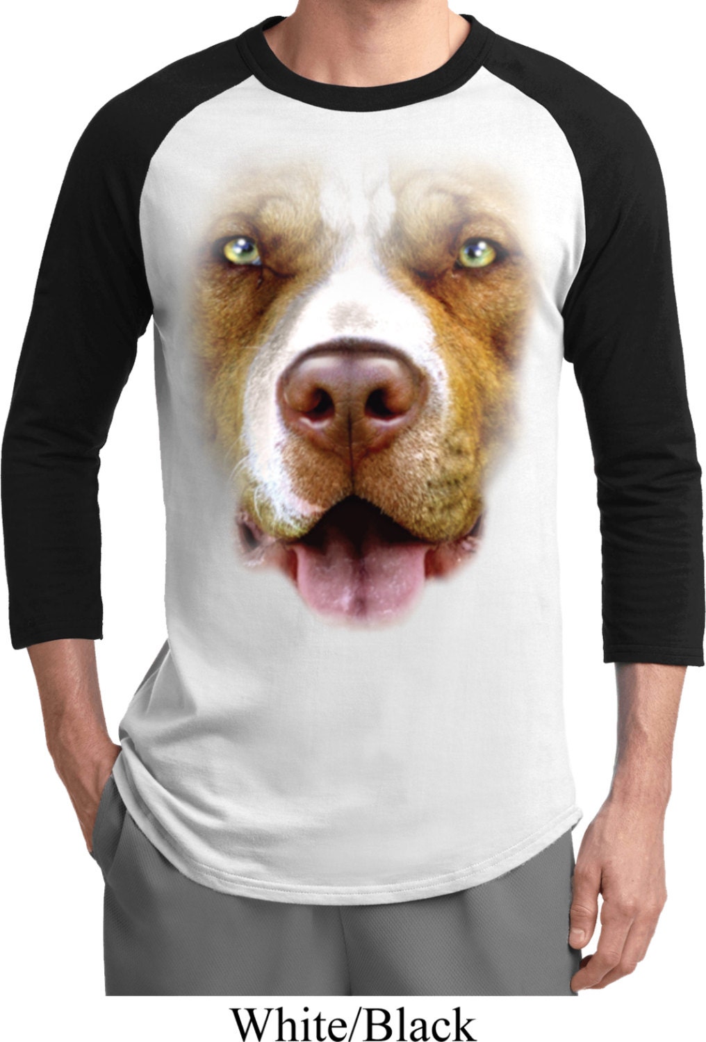 Men's Funny Shirt Big Pitbull Face Raglan Tee T-Shirt