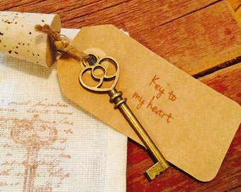 Key to my heart, 8th anniversary gift, bronze anniversary gift, Wine gift, engagement gift, antique key, wedding gift, rustic wedding