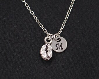 coffee bean necklace, sterling silver filled, initial necklace, silver coffee bean charm, coffee bean gift, coffee lover gift, food jewelry