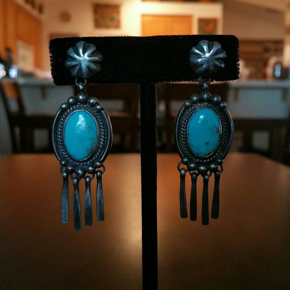 Native American Turquoise and Silver Dangle Earrings.