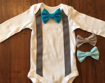 Bow Tie and Suspender Onesie with Snap on Bow Tie