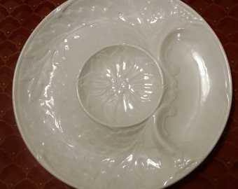 Marked Gien France Pair of Plates Blanc De Chine White Embossed Floral Pattern French Majolica China Ware Artichoke Divided Sectioned Plates
