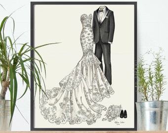 Wedding Gift - Anniversary Gift or Bridal Shower Gift - Custom Wedding Dress and Tuxedo Sketch - His & Hers