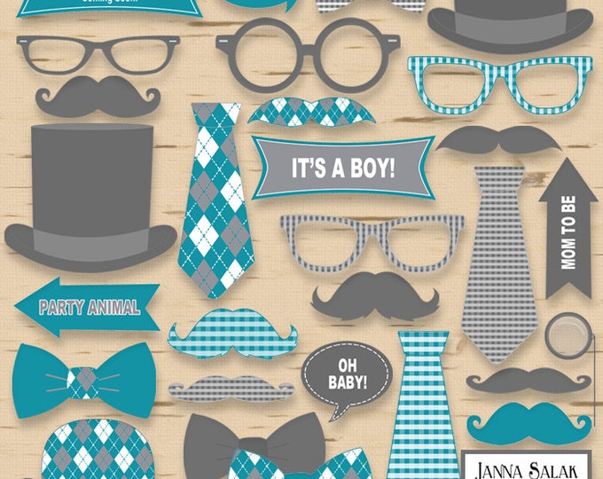 Printable Little Man Photo Booth Props Baby Shower Grey and Teal Blue Pdf DIY INSTANT DOWNLOAD