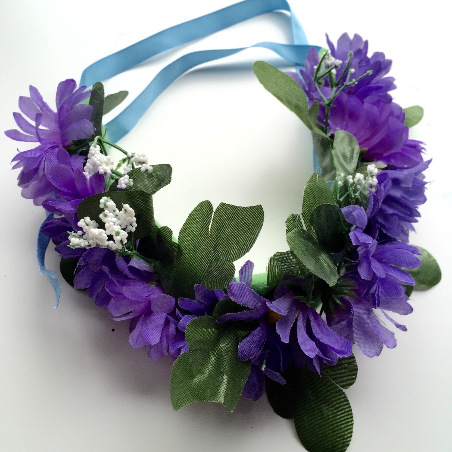 Purple flower wreath garland with blue ribbon ties by TrixieOs