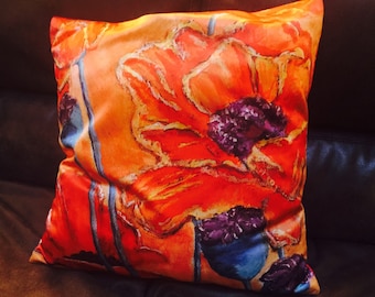 Red Poppy Throw Pillow Cover made from my original artwork called "Blowing Poppies"