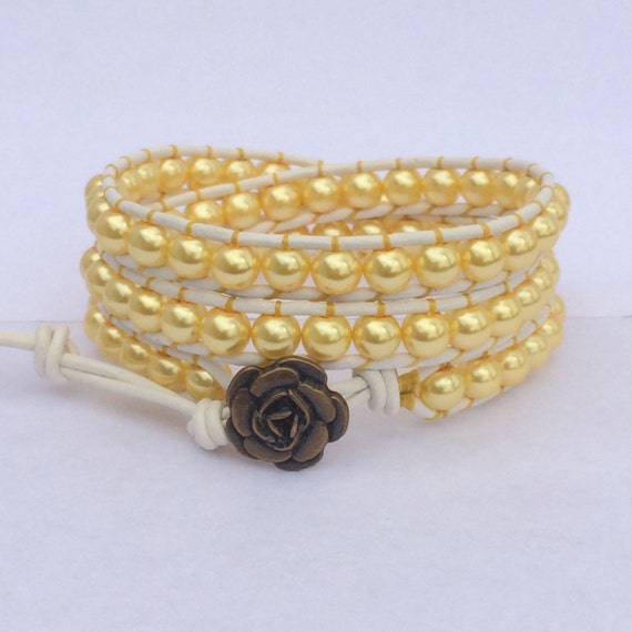 Leather Wrap Bracelet Custard Yellow Pearl Beaded by RedpopsWraps