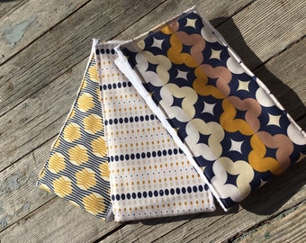 Baby burp cloths / cute burp cloth set / baby shower gift set / mustard and blue matching prints