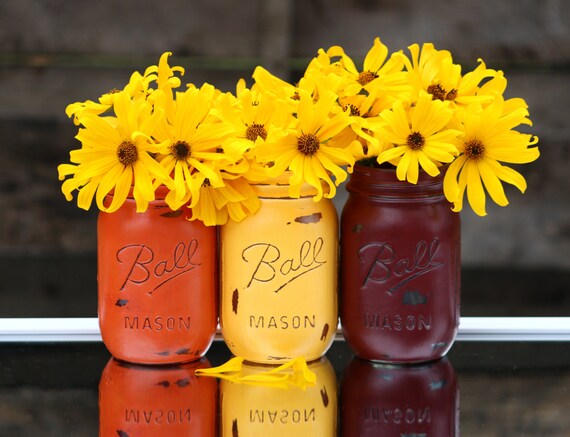 Painted & Distressed Mason Jars Fall Colors Dark Burgundy