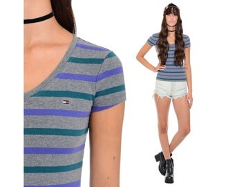 Vintage 90s Striped TOMMY HILFIGER Crop Top Stretch Grunge Clueless Club-Kid Hip Hop Sporty Shirt Baby Tee XS S *Free Shipping U.S.* vtg