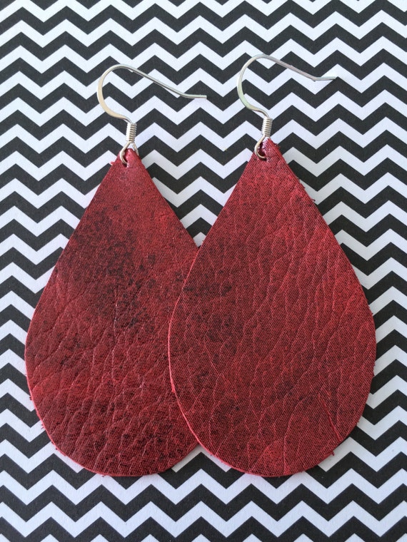 Leather Earrings Teardrop Distressed Red by HappyTearsbyBeth