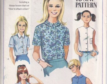Young Junior Teen's and Misses' Blouse Pattern/ Patron de chemisiers pour femme et adolescente - 1960s