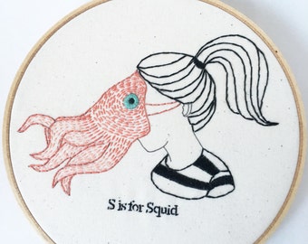 Hand Embroidery Pattern, Modern Embroidery Pattern, S is for Squid PDF