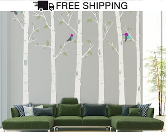 Birch Tree Wall Decal, Birch Tree Decal, Humming Birds Birch Tree Wall Decal - Hummingbird Tree Wall Decal Stickers - By Todeco