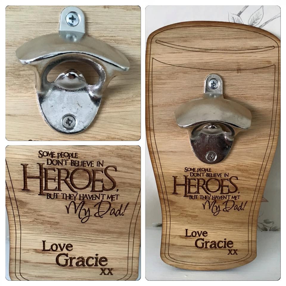 Wooden wall mounted bottle opener engraved and personalised
