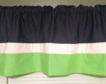 Navy Blue Valance With White Accent Strip and Lime Green Bottom Border Window Curtain Valance 56" Width