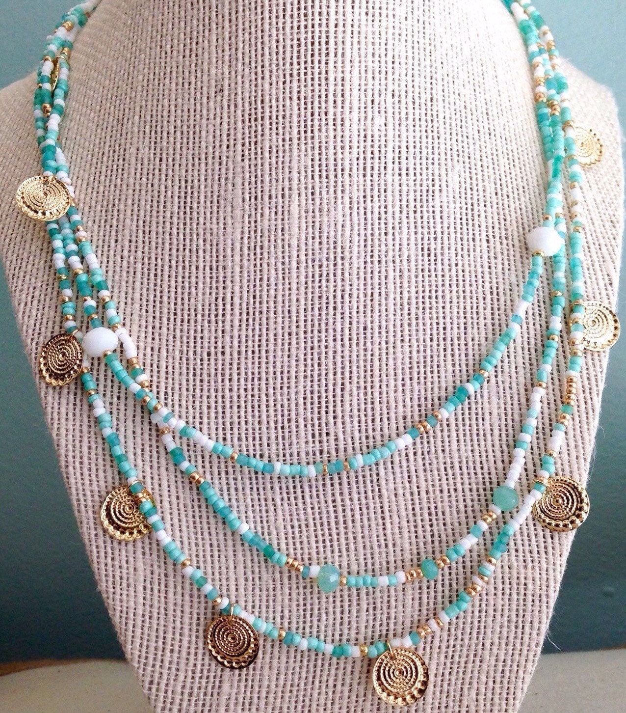 Turquoise Necklace Gold Charm Necklace Multi Strand