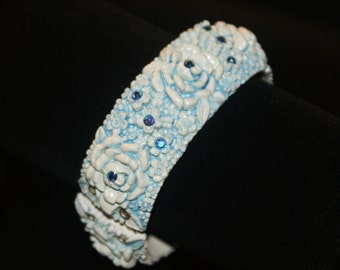 blue with AB RHINESTONES Carved celluloid Plastic Clamper Bracelet VTG