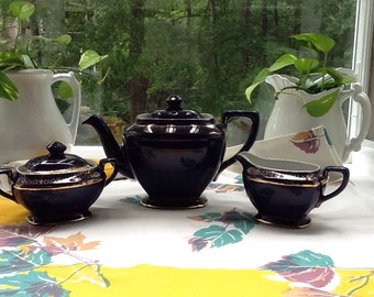 Sale!! Gorgeous Cobalt Blue HALL "HOLLYWOOD" Teapot With Sugar Bowl AND Creamer